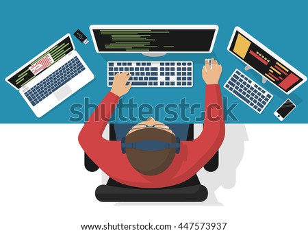 programmer at computer desk working on program design software concept vector illustration flat design - Desk Design Software programmer at computer desk working on program design software concept vector illustration flat design - Desk Design Software