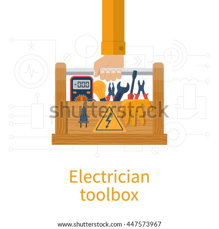 Toolbox electrician. Electricians in hand holding box of tools and equipment for repair and maintenance. Concept of electrical service center, workshop. Vector illustration, flat design.