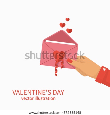 Happy Valentine's Day. Woman holds an open envelope with heart in the hand. Vector illustration flat design. Isolated background. Letter from lover.
