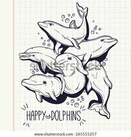 Playful happy beautiful jumping bottle-nose sea dolphins in a group. Doodle style vector illustration on a school book note paper background. Summer fun, aquarium elements.