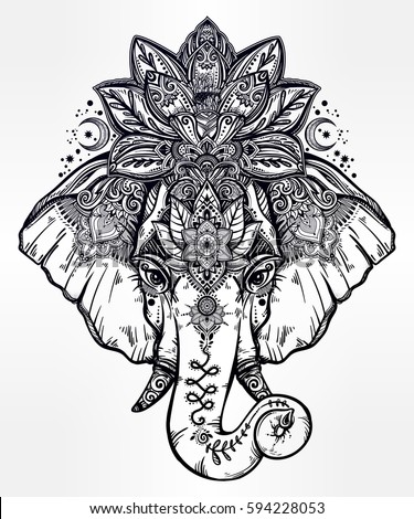 Vintage style vector elephant with with ornate lotus mandala crown, Ideal ethnic background, tattoo art, yoga, Indian, Thai, spirituality, boho design. Use for print, posters, t-shirts, textiles
