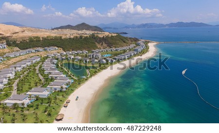 Nha Trang, Vietnam - May 14 2016 : Five star Vinpearl resort view at Nha Trang, Vietnam from above view of drone or flycam. It is a popular destination for tourists with beachs and resorts