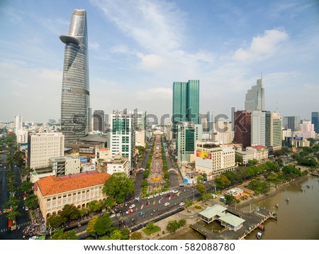 Ho Chi Minh City / Vietnam - February 01, 2017 : High view of Nguyen Hue flower street from drone during Lunar New Year at downtown of Ho Chi Minh City, Vietnam