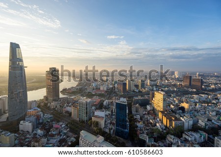 Ho Chi Minh City, Vietnam - March 25, 2017 : Aerial view of Ho Chi Minh city, Vietnam in sunrise or sunset