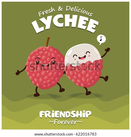 Vintage fruit poster design with vector lychee character.