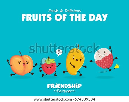 Vintage food poster design with vector peach, cherry, mango, lychee character.