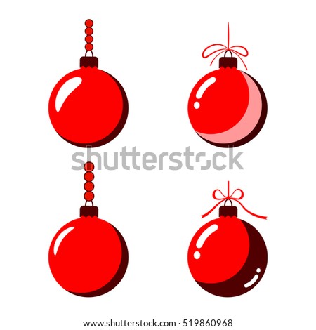 Christmas tree ball with bow icons set. Red baubles decoration, isolated on white background. Symbol of Happy New Year, Xmas holiday celebration, winter. Flat design for card. Vector illustration