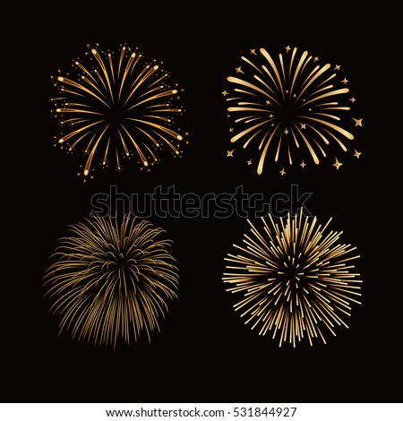 Fireworks set gold isolated. Beautiful golden fireworks on black background. Bright decoration Christmas card, Happy New Year celebration, anniversary, festival. Flat design Vector illustration