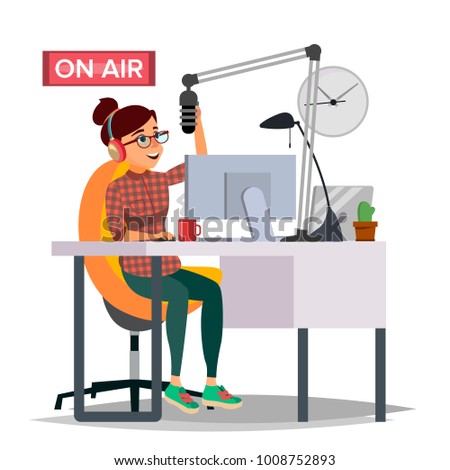 Radio DJ Woman Vector. Broadcasting. Modern Radio Station. Female Speak Into The Microphone. On Air. Broadcasting. Isolated Flat Cartoon Illustration