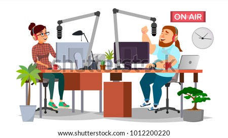Radio DJ Man And Woman Vector. Broadcasting. Modern Radio Station Studio. Speak Into The Microphone. On Air. Broadcasting. Isolated Flat Cartoon Illustration
