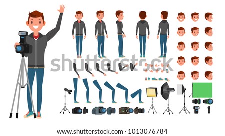 Photographer Man Vector. Taking Pictures. Animated Character Set. Full Length. Accessories, Poses, Face Emotions, Gestures. Isolated Flat Cartoon Illustration