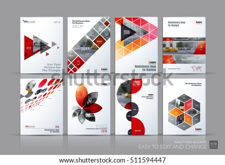 Business vector set. Brochure template layout, cover design annual report, magazine, flyer in A4 with red flying triangles, square, circles, flower, polygons for science, teamwork. Abstract