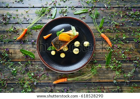 Braised Norwegian salmon with curry apple and watercress
