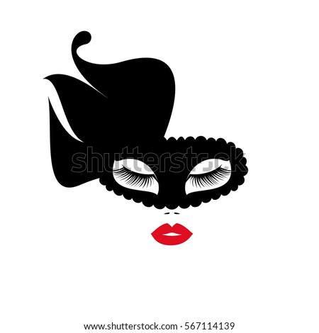 Woman Face Red Lips Black Mask Stock Vector 567114139 