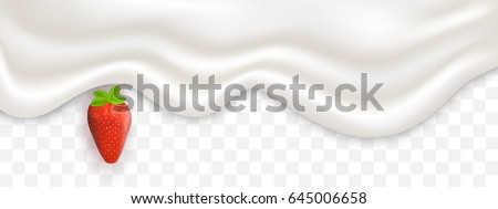 White creamy texture, red realistic strawberry isolated on transparent background, vector illustration. Liquid cream flowing, yogurt background.