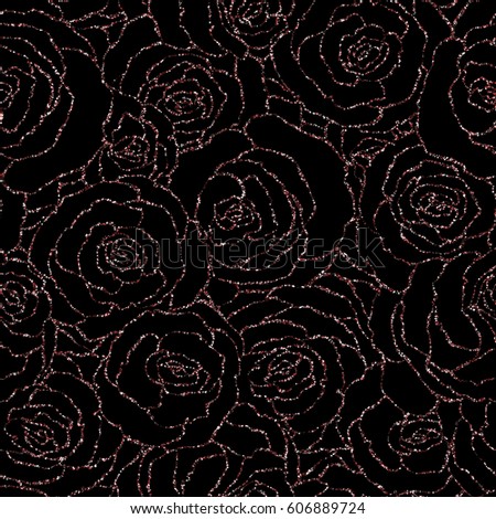 Seamless pattern with vector pink glitter roses. Vector illustration of a silhouette of a flower, consisting of sequins or glitter.Glittering decoration background, glamour shiny texture with sparkles