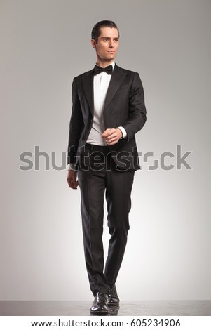 Walking Elegant Man Tuxedo Looking Side Stock Photo 