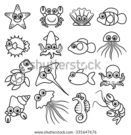 Sea Animal Vector Cartoon Cute Aquatic Animals Coloring Book Or Page Illustration For