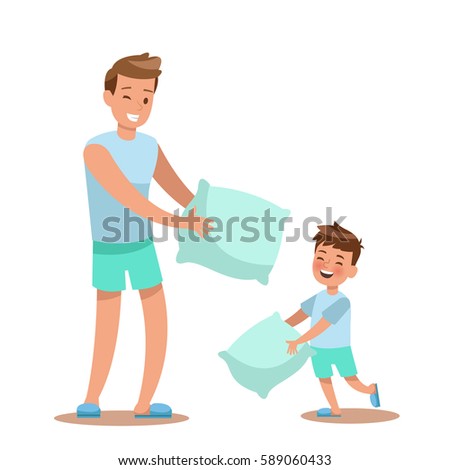 Dad and son playing pillow. character design.
