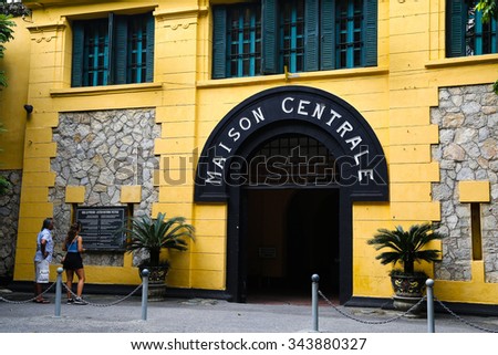 HANOI, VIETNAM - Nov 22, 2015: Unidentified Foreign tourists visit Hoa Lo Prison in Hanoi, Vietnam. The Hoa Lo Prison was a prison used by the French colonists in Vietnam for political prisoners.