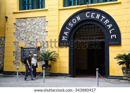 HANOI, VIETNAM - Nov 22, 2015: Unidentified Foreign tourists visit Hoa Lo Prison in Hanoi, Vietnam. The Hoa Lo Prison was a prison used by the French colonists in Vietnam for political prisoners.