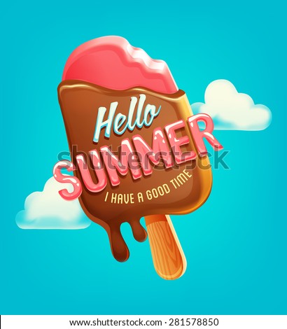 Summer vector poster, label with ice cream in sky