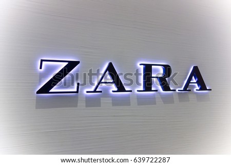 Paphos, Cyprus - October 17, 2016 Logo Zara on white wall. Close-up.