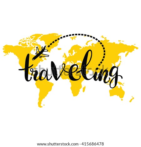 Traveling World Map Airplane Isolated Vector Object On White Background Lettering Traveling World Map Airplane Isolated Vector Object On White Background Lettering