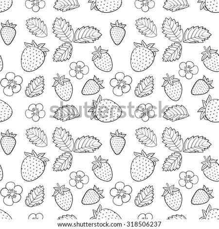 strawberry, flowers and leafs seamless sketch pattern