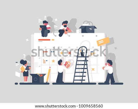 Planning and organization of tasks on board. Group of people make plan. Vector illustration