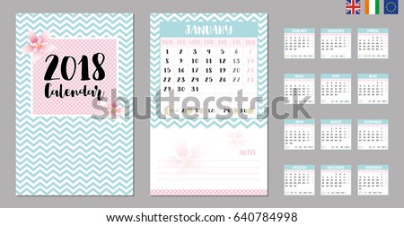 2018 calendar with Moon phases. Suitable for UK, Ireland and European countries.