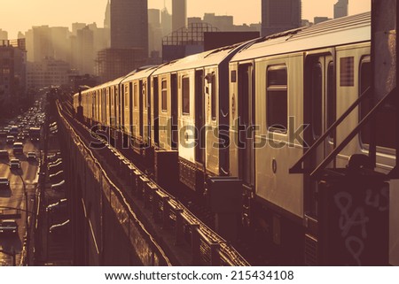Subway Train in New York at Sunset
