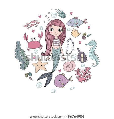 Marine illustrations set. Little cute cartoon mermaid, funny fish, starfish, bottle with a note, algae, various shells and crab. Sea theme. isolated objects on white background. Vector.
