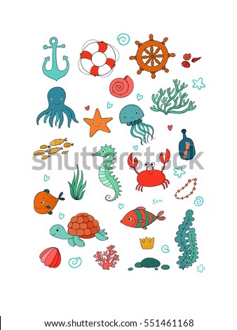 Big set of marine. Sea theme. Cute cartoon turtle starfish, funny fish, jellyfish and sea horse, seaweed and a bottle with a note. Vector.