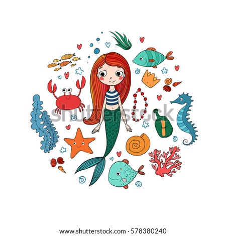 Marine illustrations set. Little cute cartoon mermaid, funny fish, starfish, bottle with a note, algae, various shells and crab. Sea theme. isolated objects on white background. Vector.