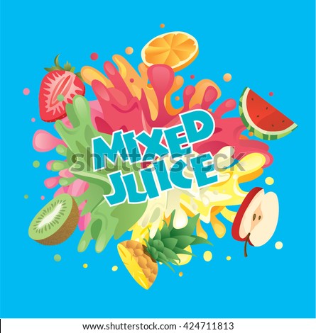 Mixed fruit juice splash with strawberry, orange, watermelon, apple, pineapple and kiwi