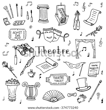 Hand drawn doodle Theatre set Vector illustration Sketchy theater icons  Theatre acting performance elements Ticket Masks Lyra Flowers Curtain stage Musical notes Pointe shoes Make-up artist tools