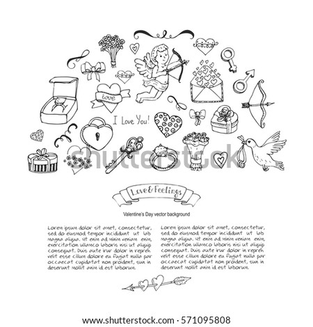 Hand drawn doodle Love and Feelings collection Vector illustration Sketchy icons Big set of icons for Valentine's day, Mothers day, wedding, love and romantic events Hearts hands Cupid Love arrow