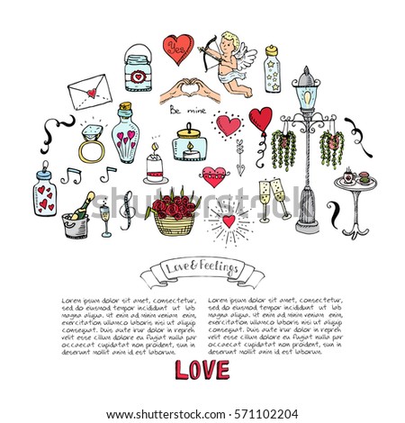 Hand drawn doodle Love and Feelings collection Vector illustration Sketchy icons Big set of icons for Valentine's day, Mothers day, wedding, love and romantic events Hearts hands Cupid Love arrow