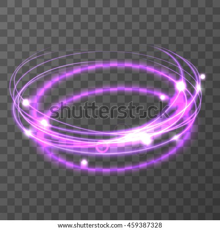 Purple glowing rings on transparent background. Vector magic circle. Glowing ring trace. Flash, sparkles. Light effects. Light circles. Vector illustration.