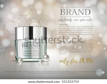 Premium VIP cosmetic ads, hydrating luxury facial cream for sale. Elegant Light Green cream mask bottle isolated on glitter sparkles with pearls, gloss effect. 3D realistic vector illustration.