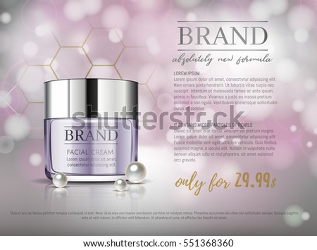 Premium VIP cosmetic ads, hydrating luxury facial cream for sale. Elegant soft purple color cream mask bottle isolated on glitter sparkles with pearls, gloss effect. 3D realistic vector illustration.
