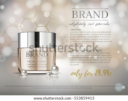 Premium VIP cosmetic ads, hydrating luxury facial cream for sale. Elegant soft beige color cream mask bottle isolated on glitter sparkles with pearls, gloss effect. 3D realistic vector illustration.