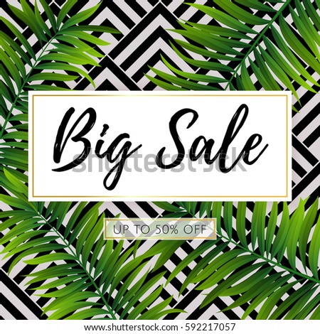 Vector Big Sale banner, poster with green geometric palm leaves, jungle. Beautiful floral tropical summer Web banner or poster for e-commerce, on-line cosmetics shop, fashion & beauty shop, store.