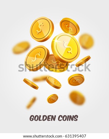 Vector Gold coins flying isolated on white in different positions with place for text. Falling coins, prize, cash winnings, lottery, poker slots background