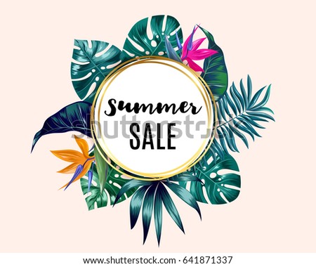 Vector Summer Sale banner, poster with trendy tropical palm leaves, jungle. Beautiful floral tropical summer Web banner or poster for e-commerce, on-line cosmetics shop, fashion & beauty shop, store.