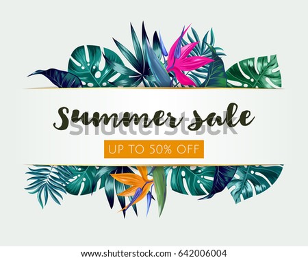 Vector Summer Sale banner, poster with trendy tropical palm leaves, jungle. Beautiful floral tropical summer Web banner or poster for e-commerce, on-line cosmetics shop, fashion & beauty shop, store.