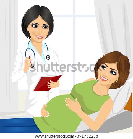 Happy pregnant woman having a doctor visit in hospital