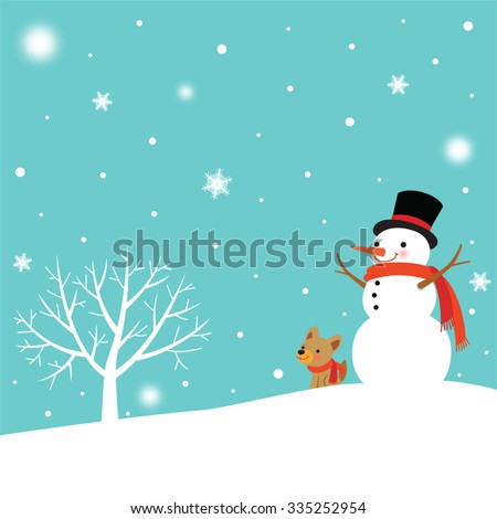Snowman and Cute Dog in winter