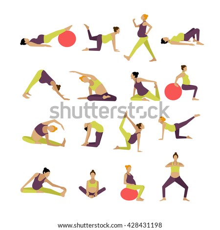 Vector set of pregnant women are doing exercise and yoga. Design elements and icons isolated on white background.